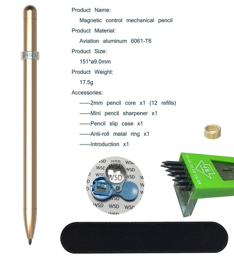 WSD Mechanical Pencil,Drawing Pencils,Sketch Pencils,Magnetic Control Pencil,Pencil Refills Diameter2.0mm, 2B Gold - Image 5